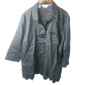 Ishyu 2X Linen Minimalist Button Front Collared Black Top Plus